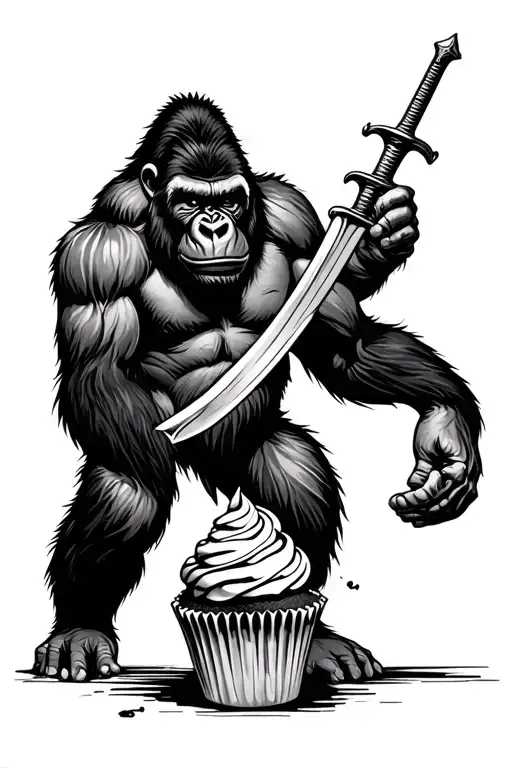 Stong Gorilla Warroir With Sword Stabbing A Cupcake