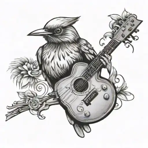 Singing Bird Perched On A Guitar With A Music Staff