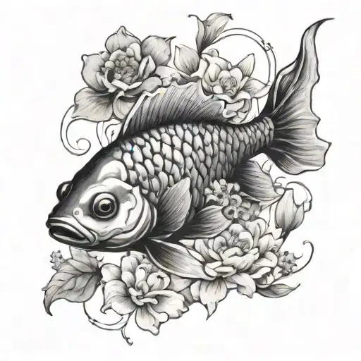 A Black And Grey Portrait Of A Coy Fish Swimming Among Pisces Birth Flowers
