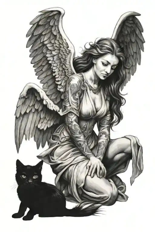 Female Angel Playing With Cat Curled