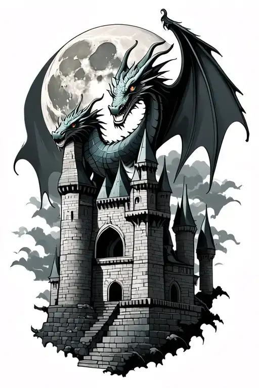 Dragon On Castle With Full Moon In The Background