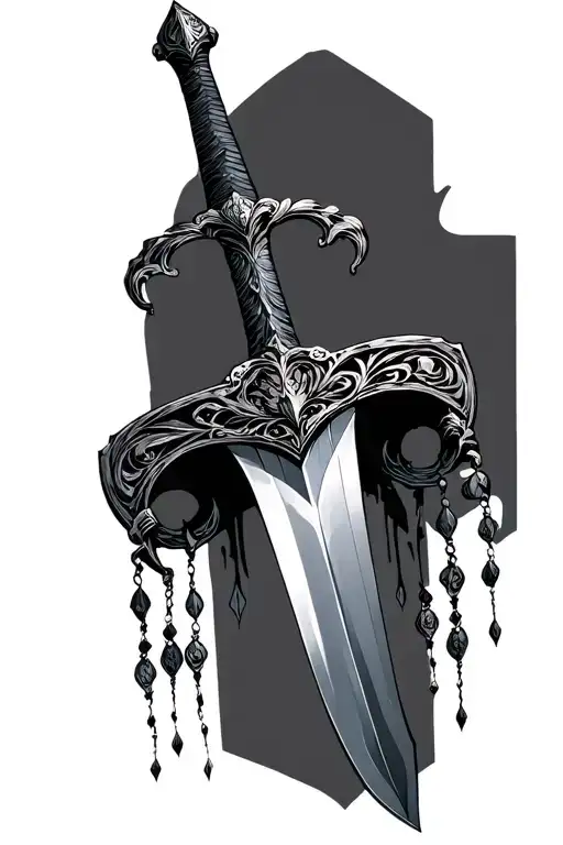 A Large Thin Sword With Embelishements Hanging From The Hilt