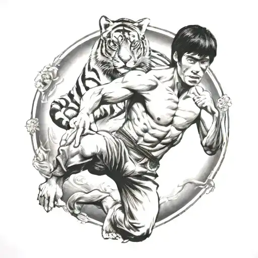 A Detailed Black And Grey Tattoo Of Bruce Lee's Famous Karate Pose With A Tiger In The Background