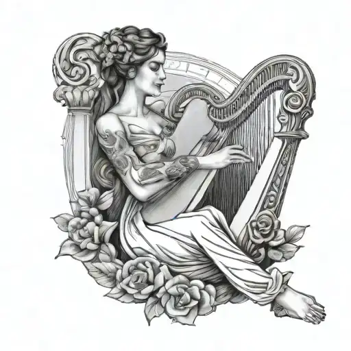 Beautiful Greek Muse Playing Mini Harp Surrounded By Music