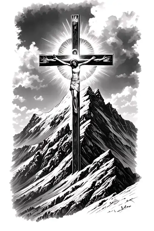 A Mountain With Jesus Cross With Light Around The Cross