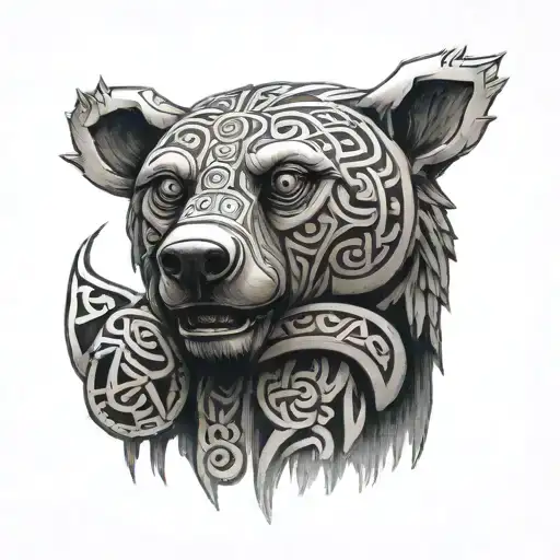 A Black-grey Tattoo Of A Celtic Bear Totem Pole