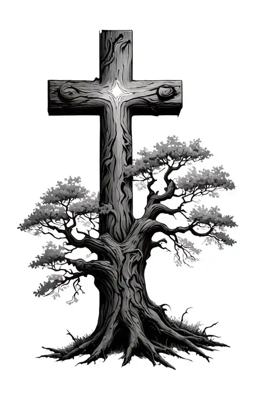 Cross With A Tree Growing Outside