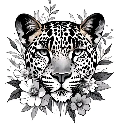 Fine Line Tattoo With A Leopard And Flowers