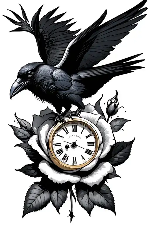 Raven And Clock Inside A Rose