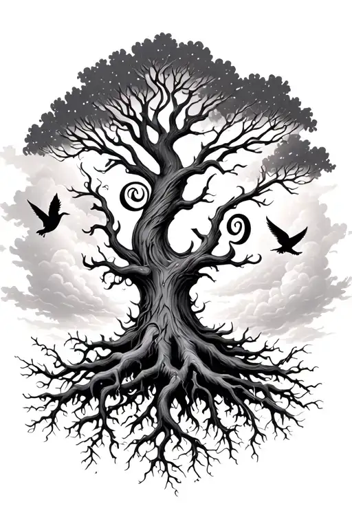 Roman Numerals Swirled Around A Tree Like Roots With Birds And Faded Clouds In The Background