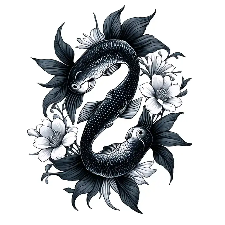 2 Pisces Fish Surrounded By Flowers