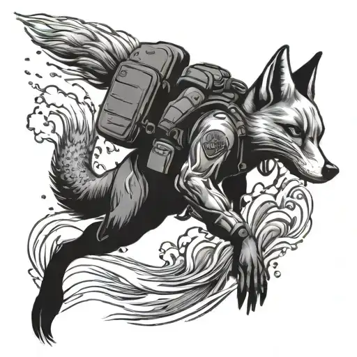 A Soldier Diving Into The Ocean With A Scuba Tank On His Back And A Fox Swimming Alongside Him