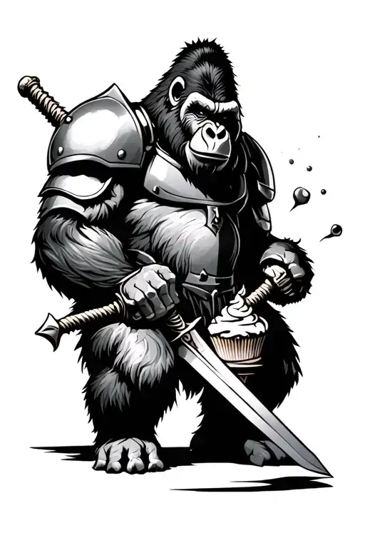 Armor Gorilla Holding A Sword Stabbing A Cupcake