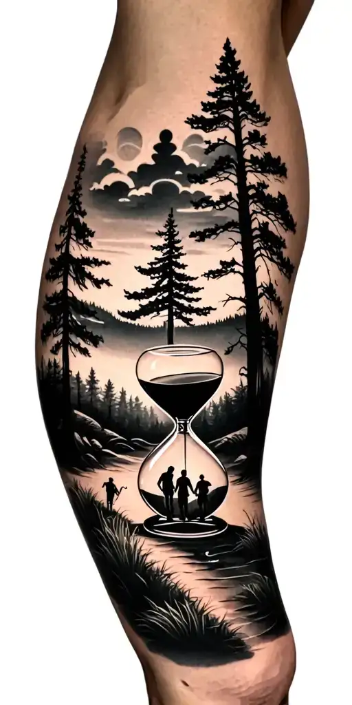 Beautiful Forest Scene With Black Sky With Family Walking And Golf Course And Hour Glass