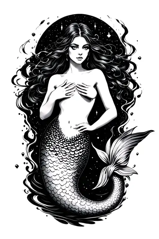 Sexy Mermaid Opening Her Chest Revealing The Universe With Her Hands And A Long Tail With Water