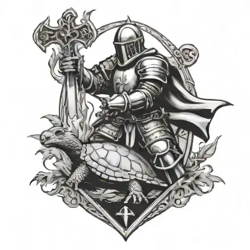 Knight Kneeling At Cross With Flaming Sword With Turtle On Shield