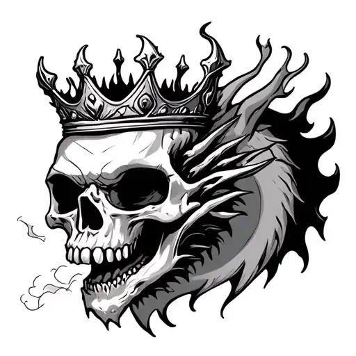Skull With A Crown On Fire Breathing Dragon