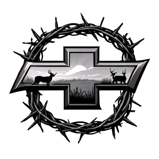 Chevrolet Symbol Made Out Of Barbed Wire With Hunting Scene Inside The Symbol