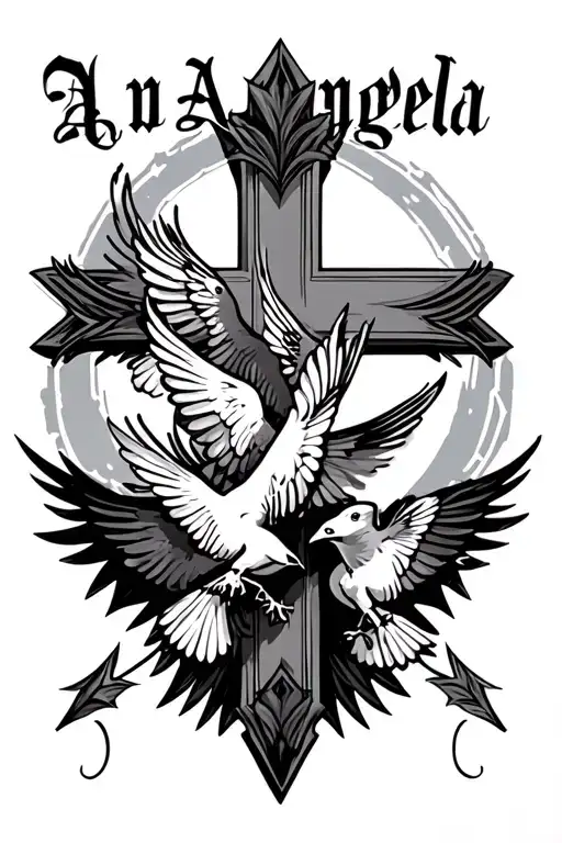 Cross With Birds Flying Together And The Name Angela On Top Of A Arrow