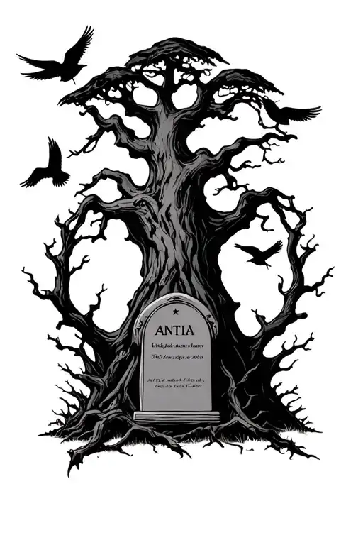 A Poison Tree With Birds Around It And A Grave Stone With The Name Antia On It