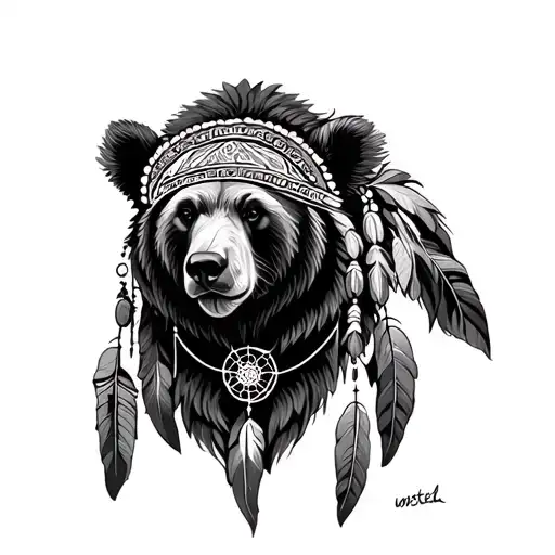 Bear With Head Dress And Dream Catcher
