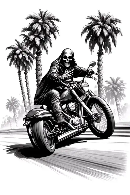 Grim Reaper On A Motorcycle Going Down The Highwaywith Palm Trees