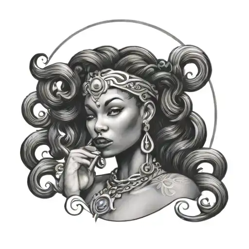 Portrait Of A Powerful And Elegant Black Woman With Aquarius Symbol Incorporated Into The Design