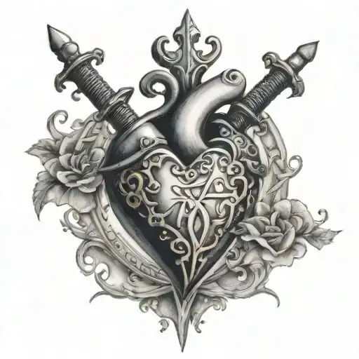 Realistic Heart With Sword Piercing It With Shines Around It