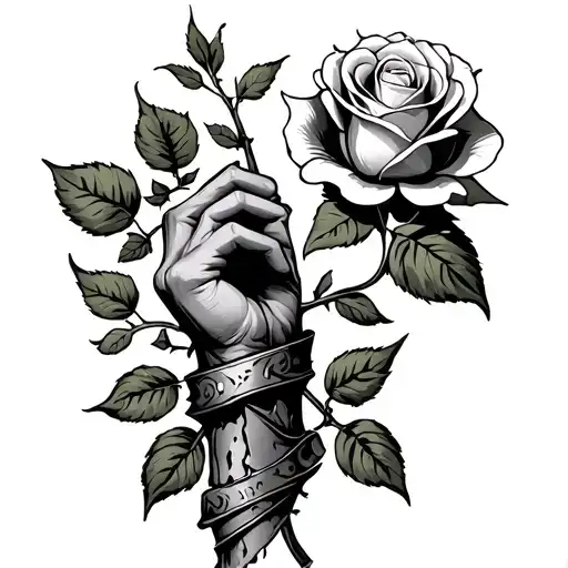 Damaged Medieval Gauntlet Holding A Rose