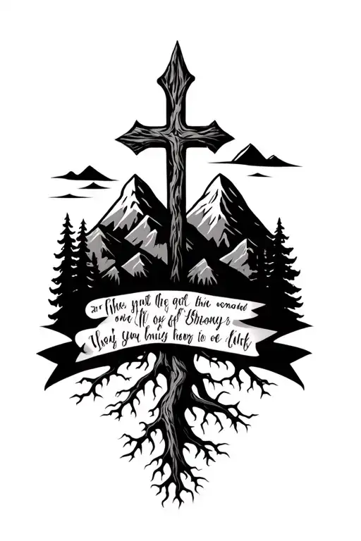 Cross With Strong Roots Resembling Family And Mountains With A Bible Verse