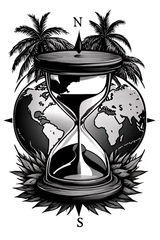 Hourglass With Compass On The Background Of The World Map And Palm Trees Above The Compass