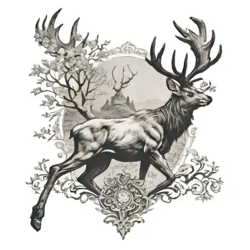 A Black And Grey Tattoo Of A Majestic Stag With A Hunter In The Background