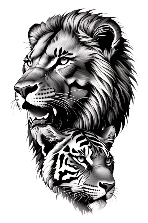 A Realistic Lion Head Ontop Of A Realistic Tiger Head