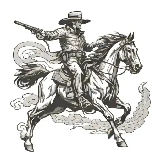 Cowboy Riding Horse Across Plains While Shooting A Gun