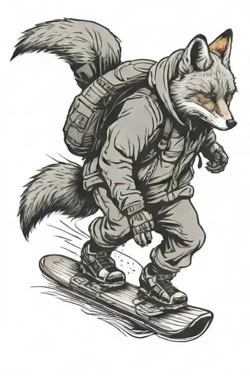 Fox Riding A Snowboard With A Hoodie On Head Walking Back