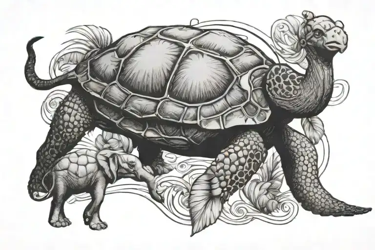 Sea Turtle With Elephant And A Flamingo