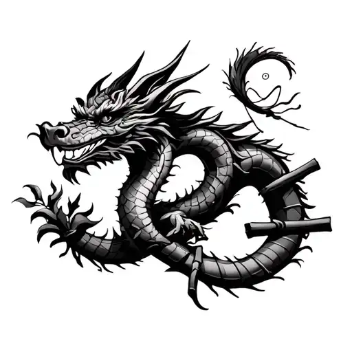 Stylized Dragon Rolled Around A Bamboo With Strings As A Tail Which Could Also Roll Up Around