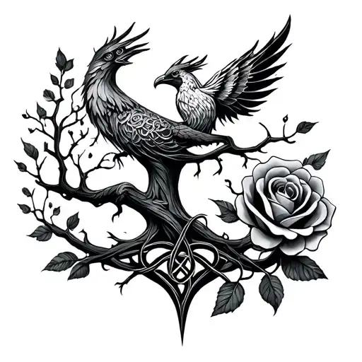 Celtic Tree Of Life With A Rose And Phoenix