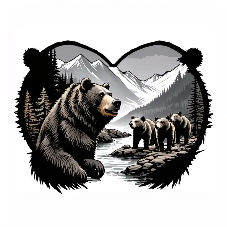 An Adult Bear With Three Different Troop Bear In A Mountain Decor With A River