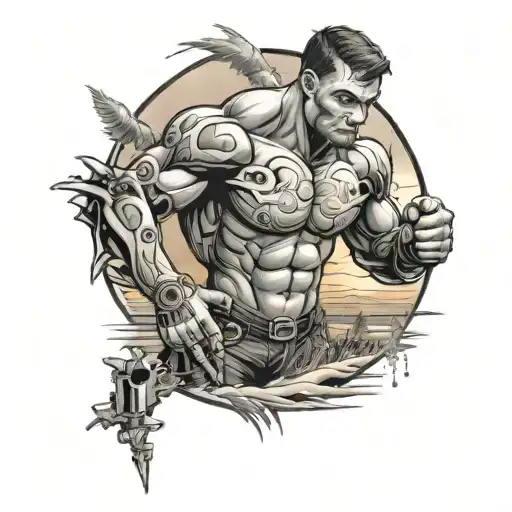 An Mma Fighter With Robotic Enhancements Standing On A Beach At Sunset