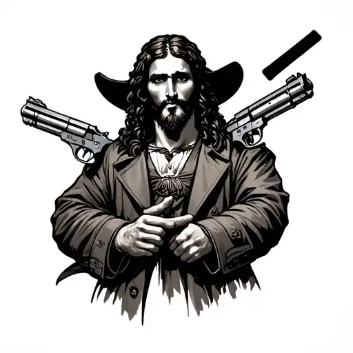 Jesus Wearing Trench Coat Cowboy With Two Guns