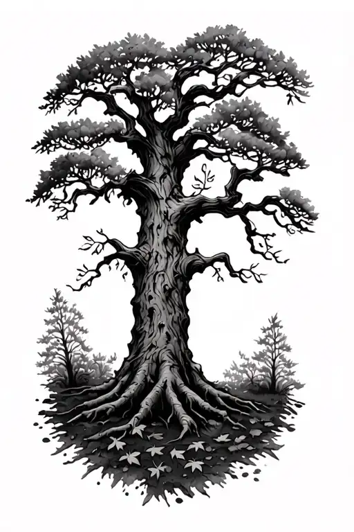 Spooky Oak Tree Growing In Fall Leaves And Trees