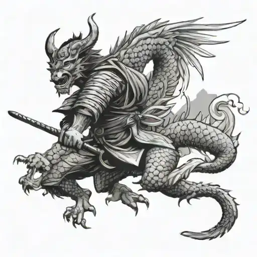 A Samurai Warrior Battling A Fierce Dragon In A Traditional Japanese Landscape