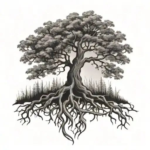 A Black-grey Tattoo Of A Majestic Tree With Roots Reaching Into A Campfire