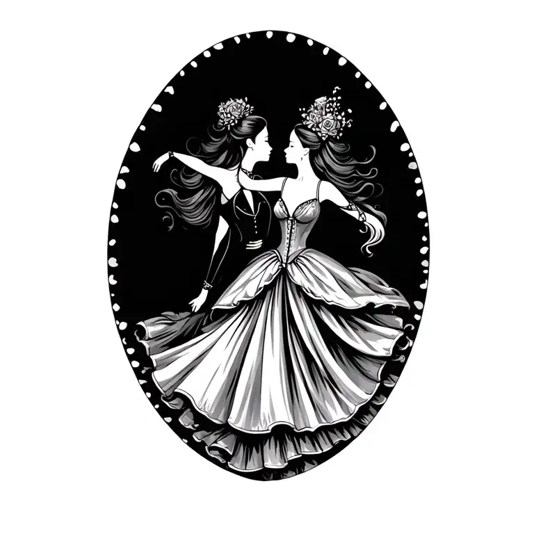 Two Silouhettes In Ball Gown Dancing Together