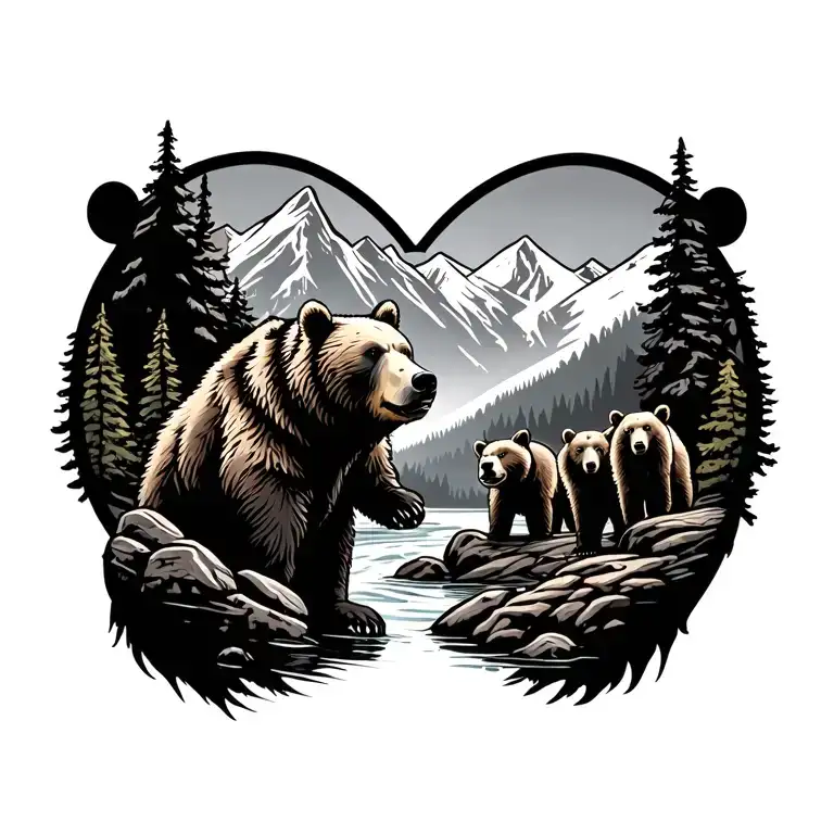 An Adult Bear With Three Different Troop Bear In A Mountain Decor With A River