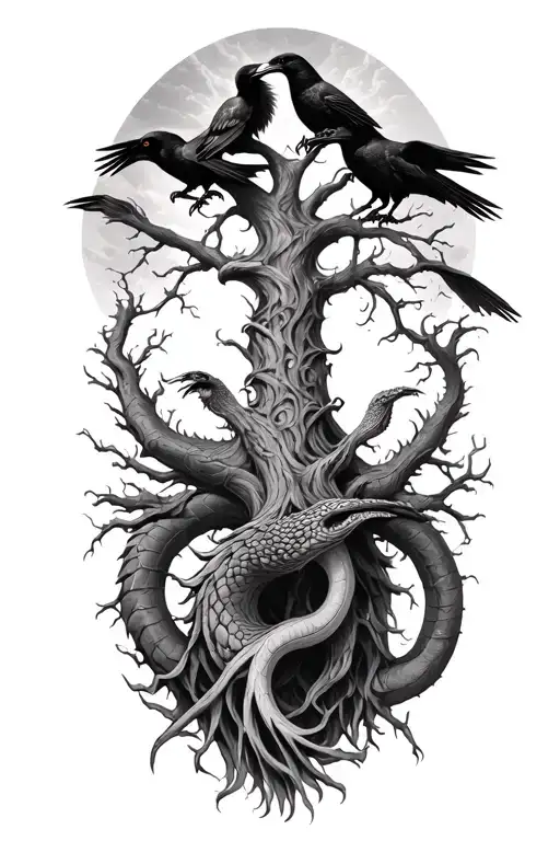 Yggdrasil With Jormungandr Tree Norse With 2 Ravens