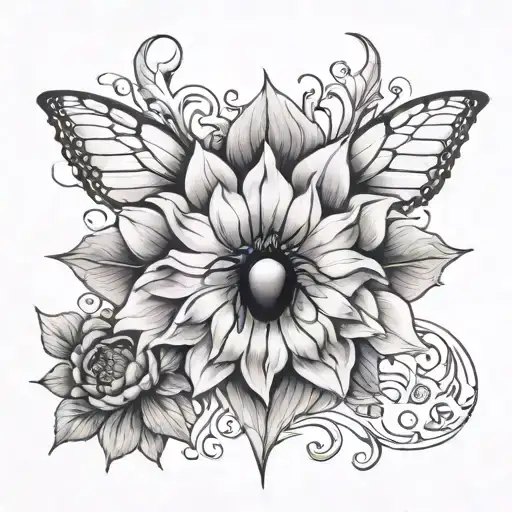 A Black Dahlia Flower And Black Widow Spider Sternum Tattoo Design