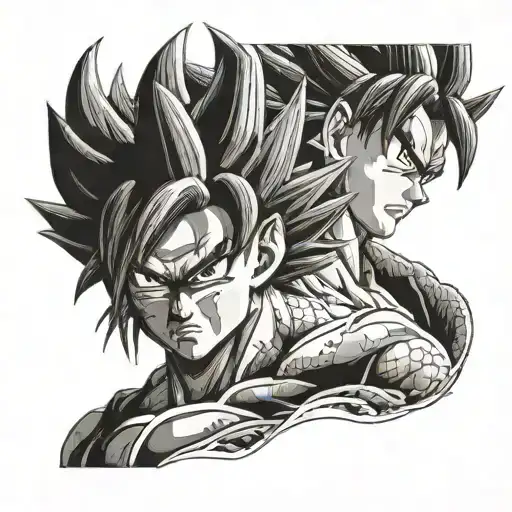 A Detailed Portrait Of Goku With A Dragon In The Background