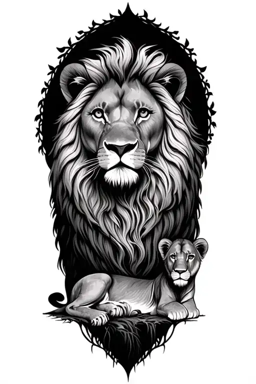 Tree Of Life With Grown Lion Laying Beside With 2 Lion Cubs On Either Side